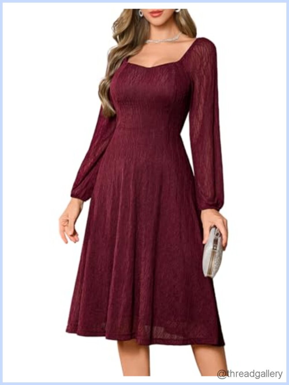 Formal Lace Midi Dress A-Line Long Sleeve Square Neck Wedding Guest